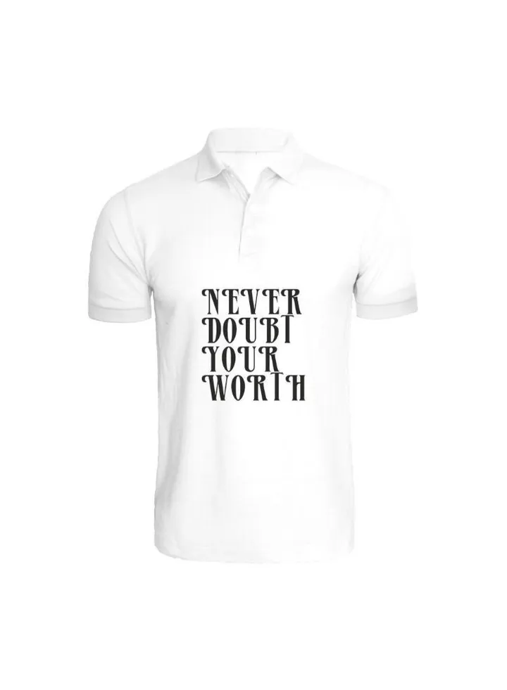 Printed (White) Cotton T-shirt (Never Doubt your worth) Personalized Polo Neck T-shirt For Women (Small)-Set of 1 pc-220 GSM