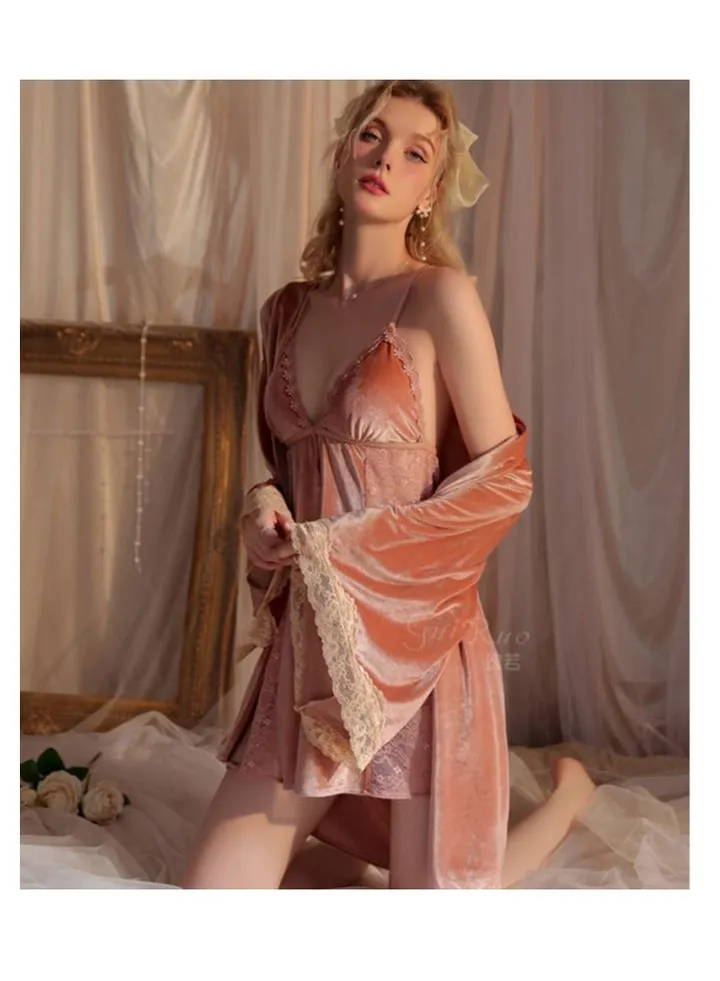 2-piece pajama set women's sweet pajamas lace underwear pajamas home clothing set romantic and elegant pajamas women's spring and autumn robes casual wear rose gold(80-130 pounds)