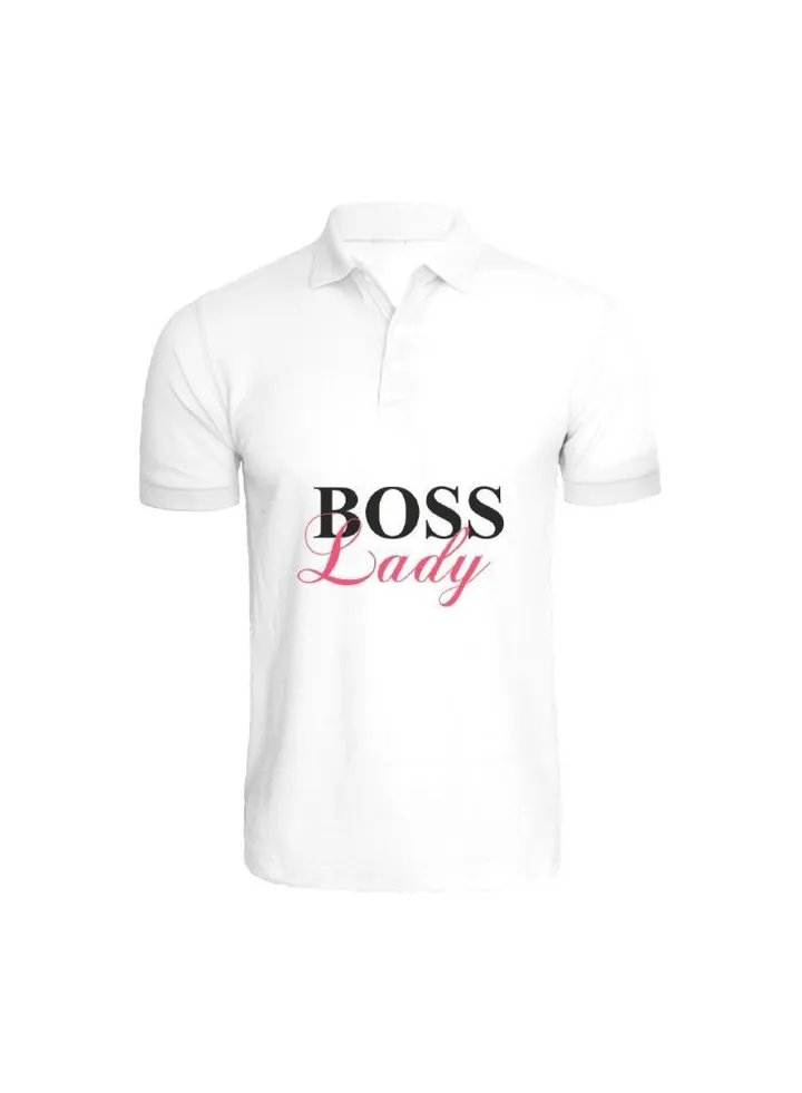 Printed (White) Cotton T-shirt (Boss Lady) Personalized Polo Neck T-shirt For Women (Small)-Set of 1 pc-220 GSM