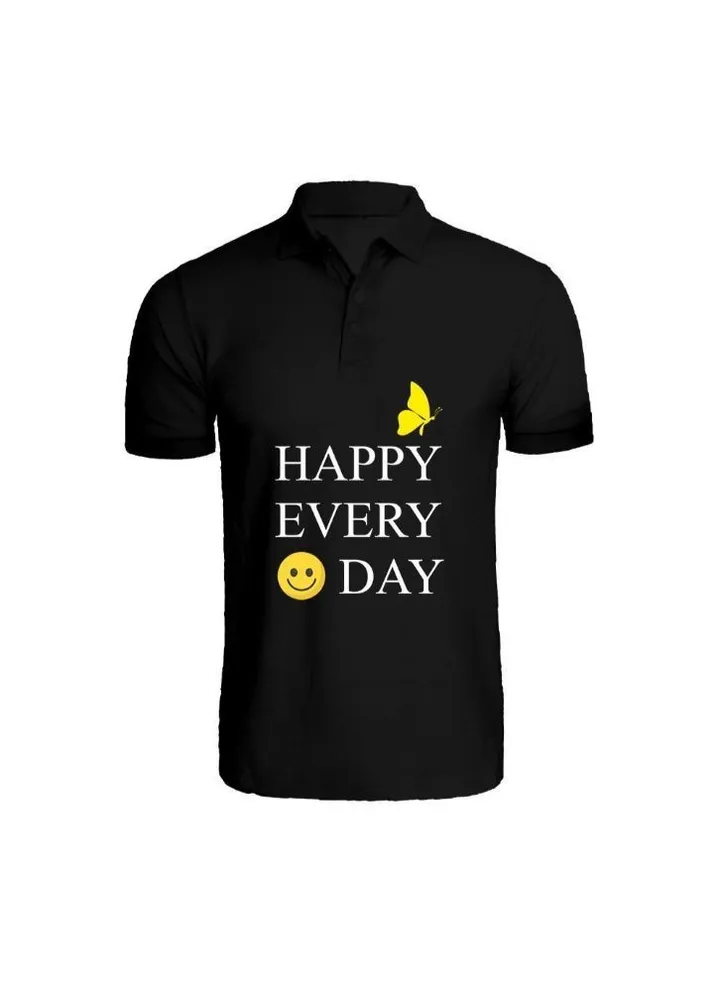 Printed (Black) Cotton T-shirt (Happy Every Day) Personalized Polo Neck T-shirt For Women (Small)-Set of 1 pc-220 GSM