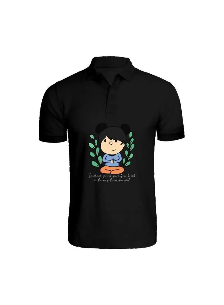 Printed (Black) Cotton T-shirt (Giving Yourself a Break) Personalized Polo Neck T-shirt For Women (Small)-Set of 1 pc-220 GSM
