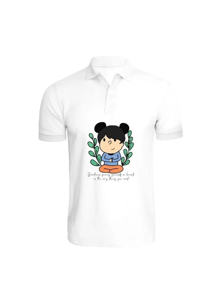 Printed (White) Cotton T shirt (Giving Yourself a Break) Personalized Polo Neck T shirt For Women (Small) Set of 1 pc, 220 GSM