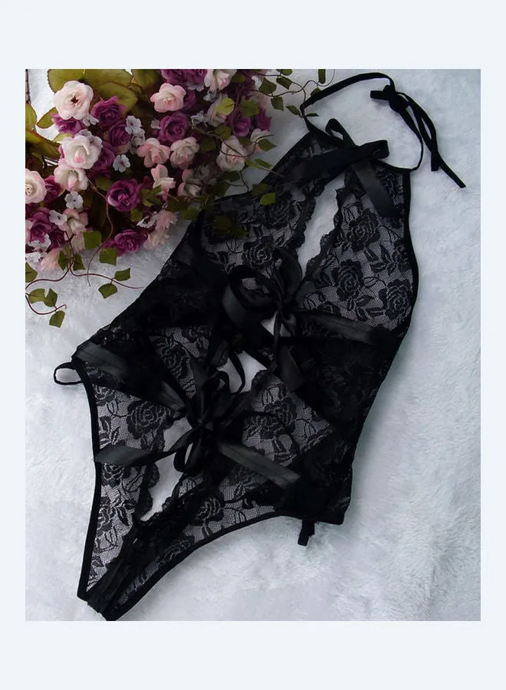 Halter Lace Bow-Knot Women See-Through Sleepwear Underwear Bodysuit Black