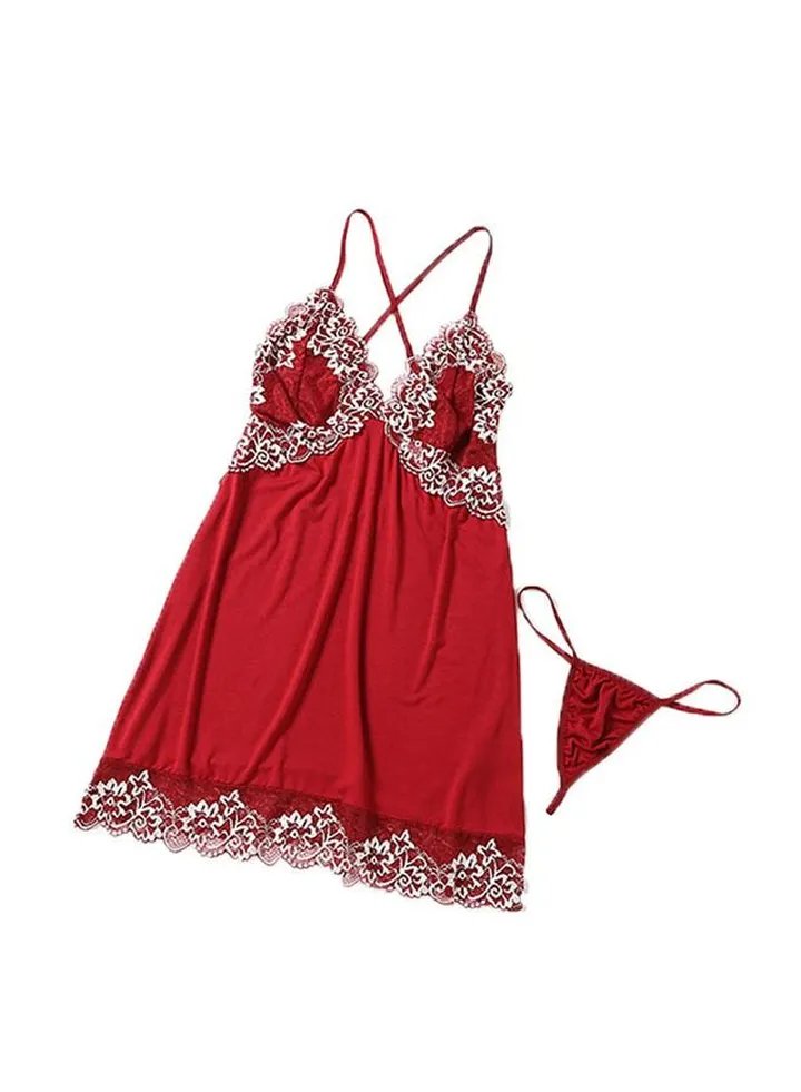 Lace Floral V-Neck Sleeveless Hollow Out Lingerie Nightdress