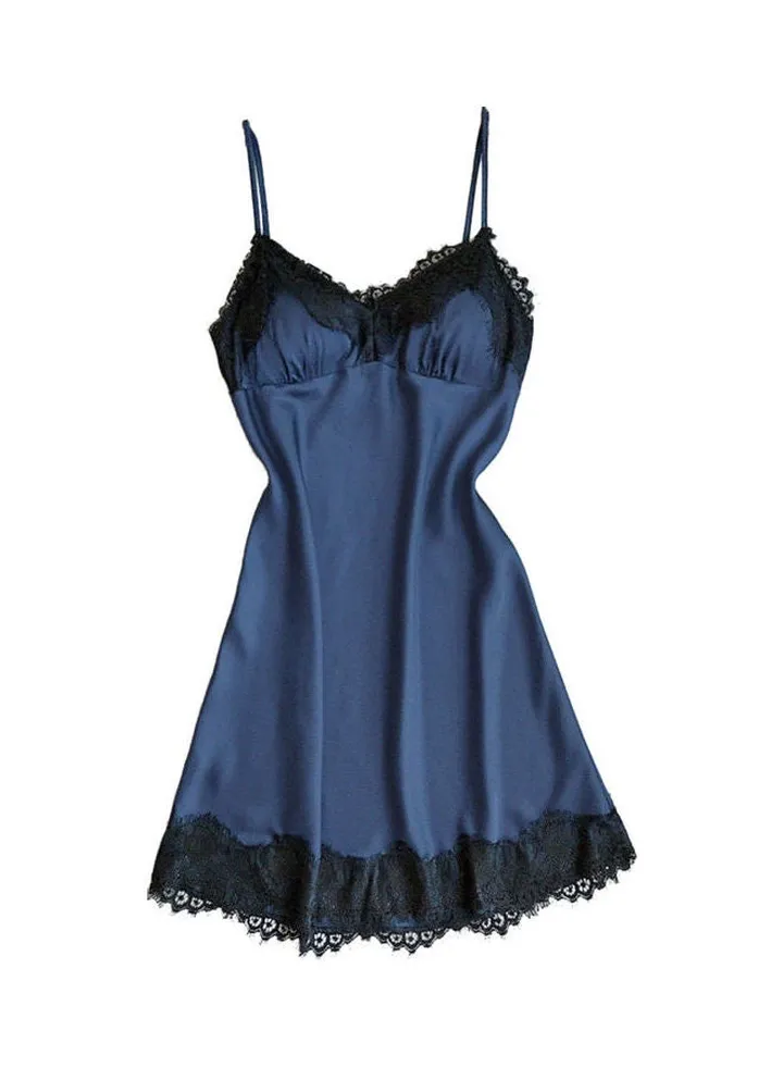 Silky Lace Patchwork Nightdress Blue/Black
