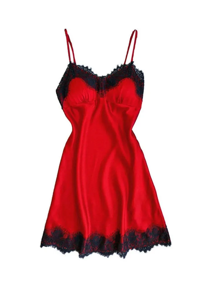 Silky Lace Patchwork Nightdress Red/Black
