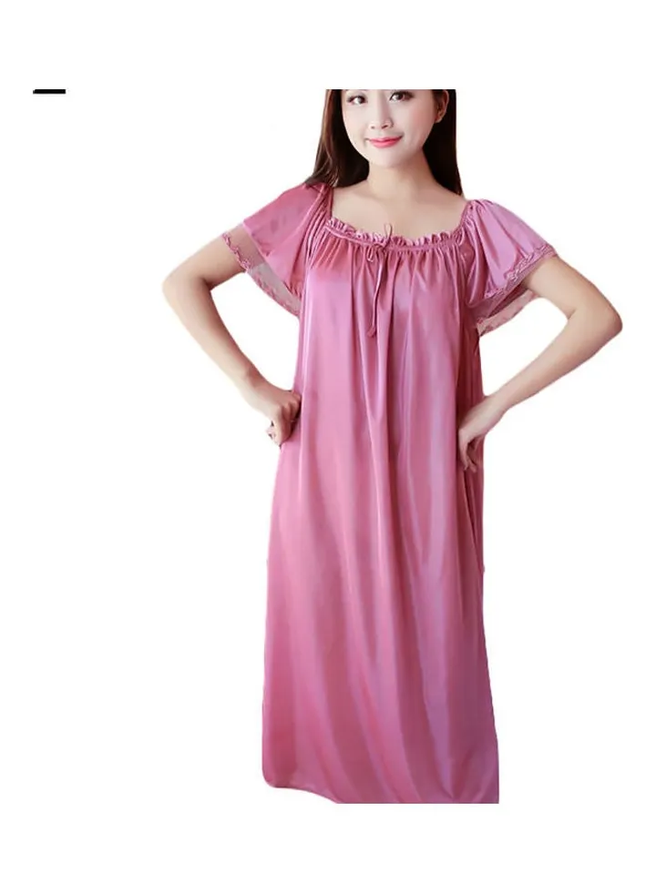 Women Summer Loose Dress Nightdress Solid Colour Sleepwear Nightwear Cameo Brown