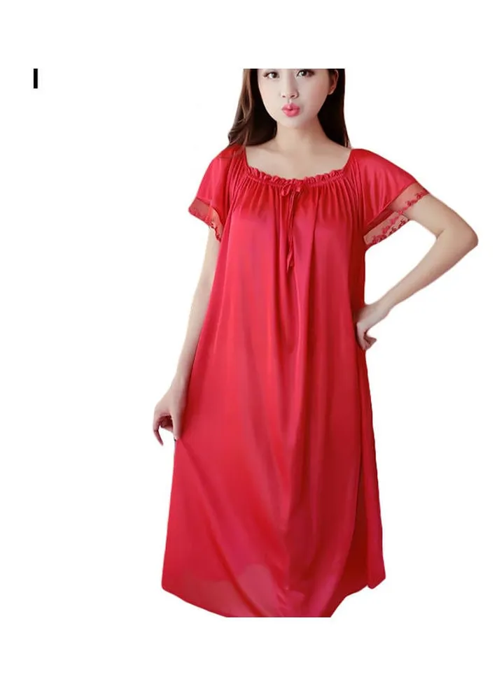 Women Summer Loose Dress Nightdress Solid Colour Sleepwear Nightwear Red