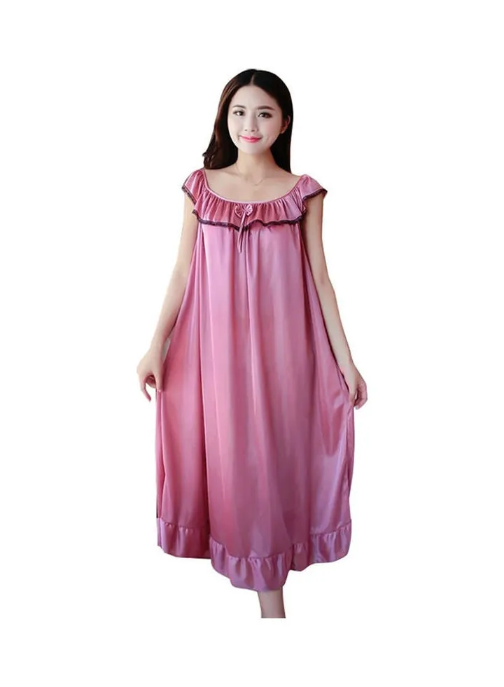 Fashion Faux Silk Ruffle Night Dress Nightgown Women Loose Mid-Calf Sleepwear Cameo Brown