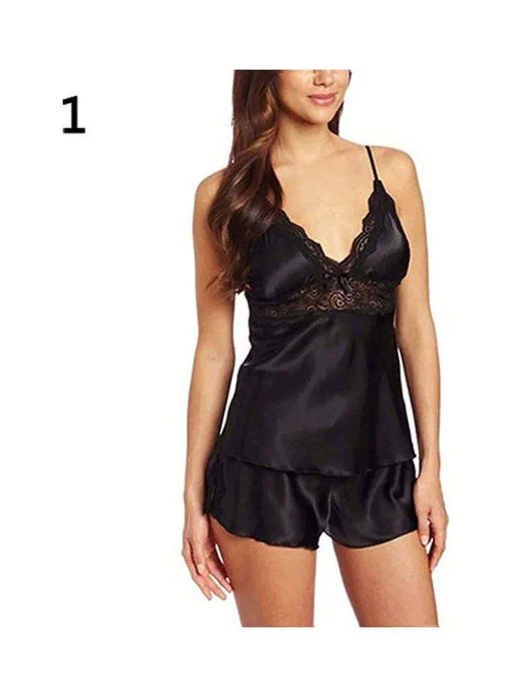 Women Fashion Pajamas Lace Splicing Plus Size Two-piece Sleep Suit Sleepwear Black