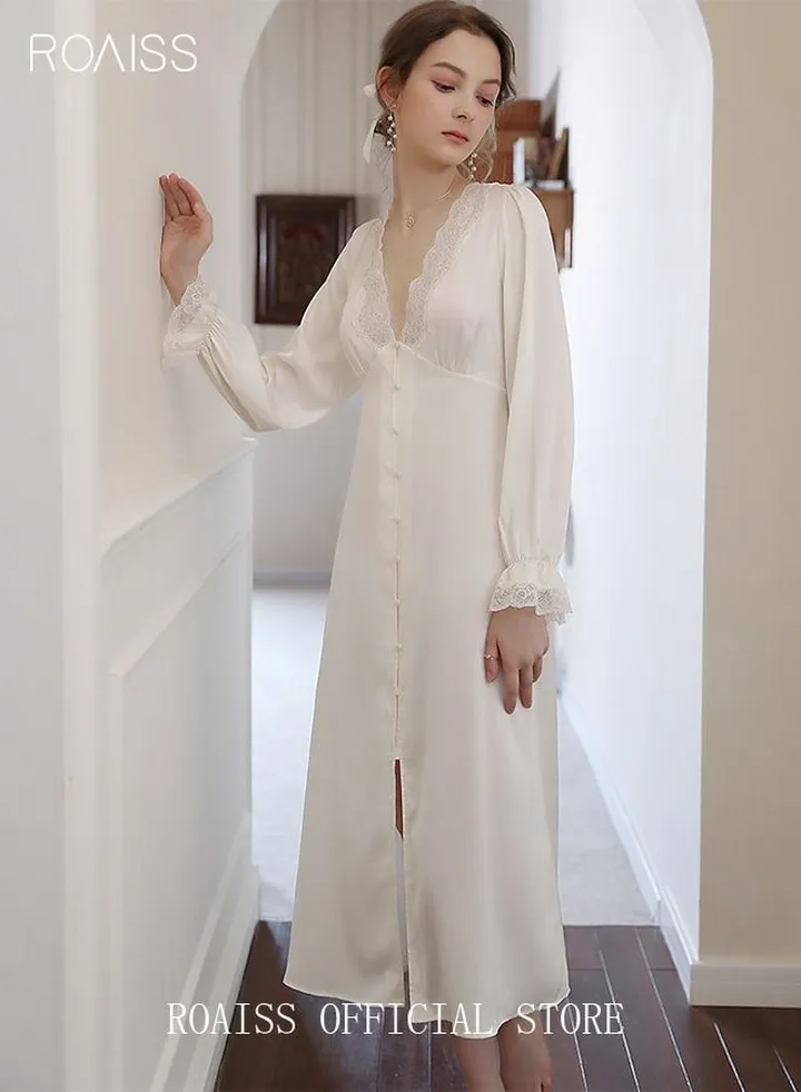 Women V-neck Lace Nightdress Loungewear French Romantic Luxury Sweet Ice Silk Sleepwear Pajamas Ladies Satin Long Sleeve Loose Nightgown Female Home Wear White