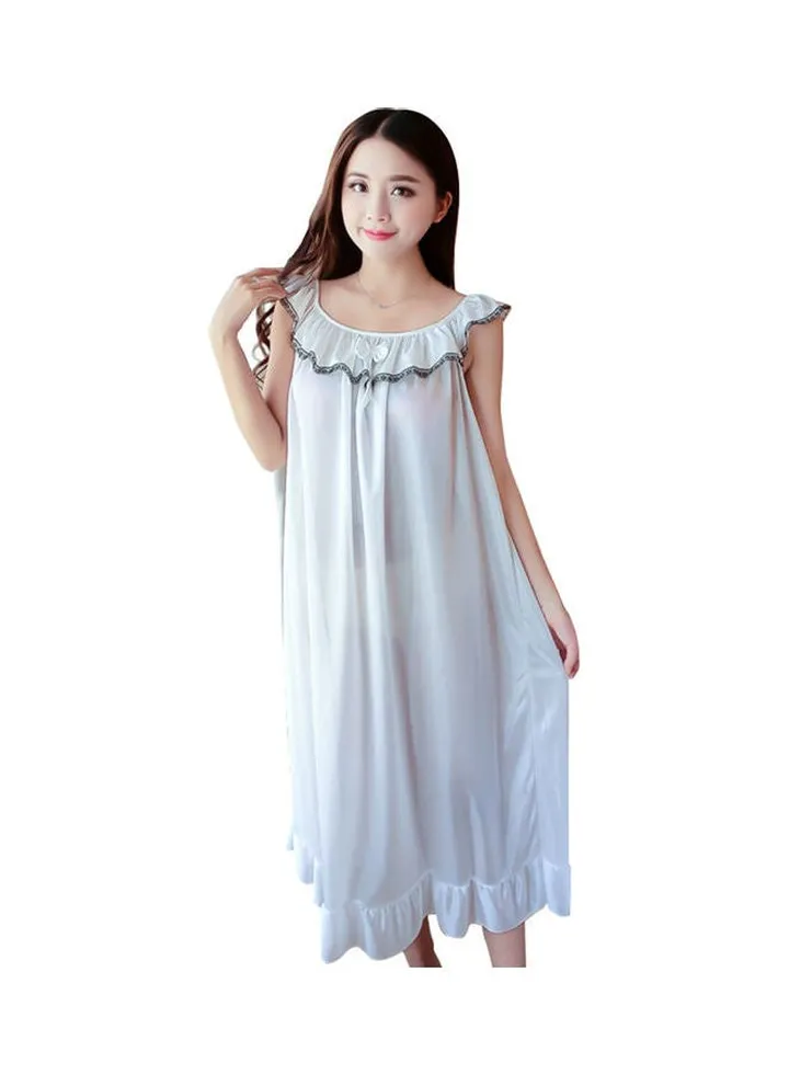 Fashion Faux Silk Ruffle Night Dress Nightgown Women Loose Mid-Calf Sleepwear White