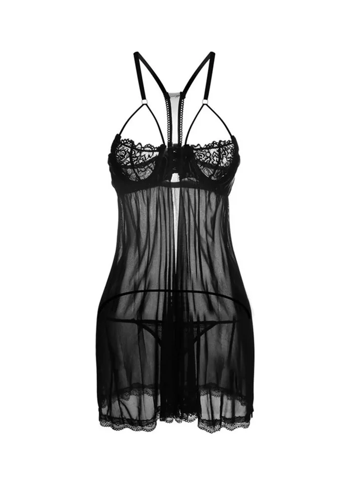 Lace Sling Sleepwear Nightdress Black