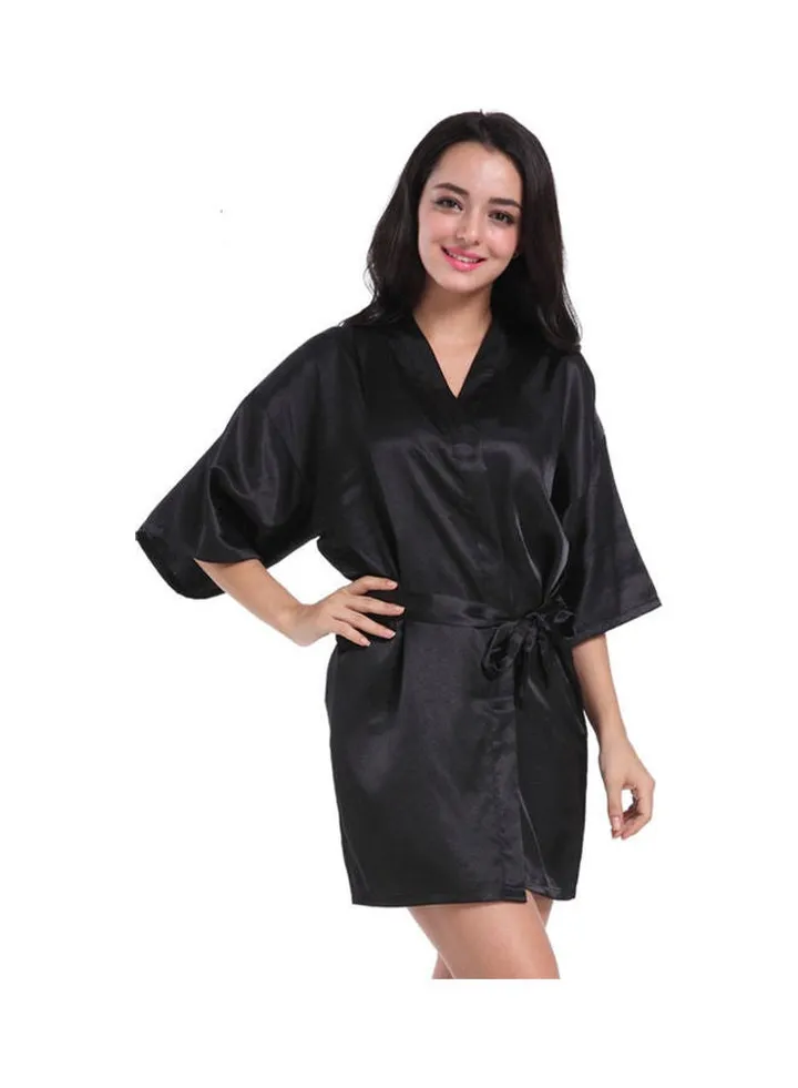 Kimono Pattern Sleepwear Night Robe With Belt Black