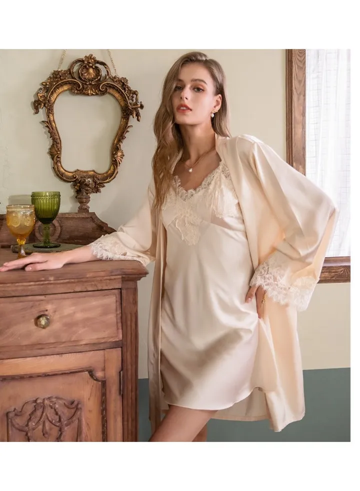 Pajama Set Lingerie Ladies Satin Pajamas Kimono Robe Dress
