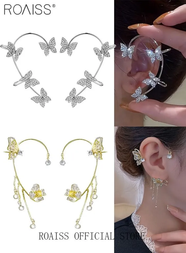 2 Pair Of Earrings for Women Sweet Exquisite Sparkling Crystal Butterfly Tassel Earring Jewelry Butterfly Wings Flower Ear Wings Earrings Gift for Ladies Girls