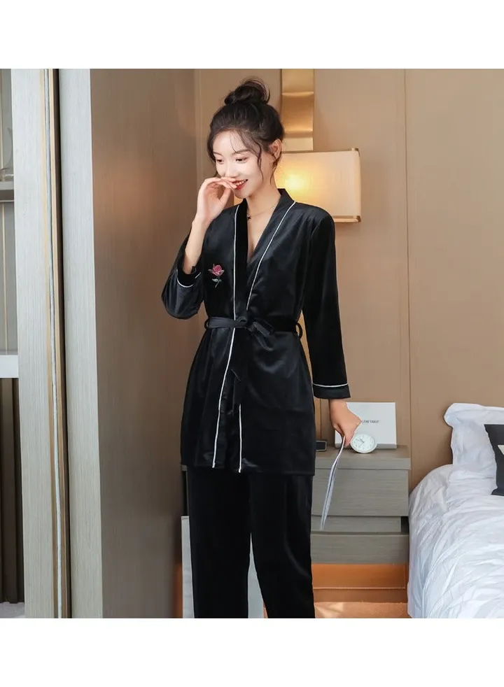 Autumn and winter women's pajamas three-piece set embroidered gold velvet pajamas long-sleeved women's winter home clothes