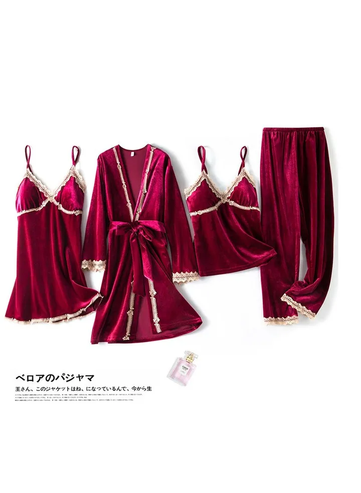Women's Autumn And Winter Gold Velvet Pajamas Four-Piece suit