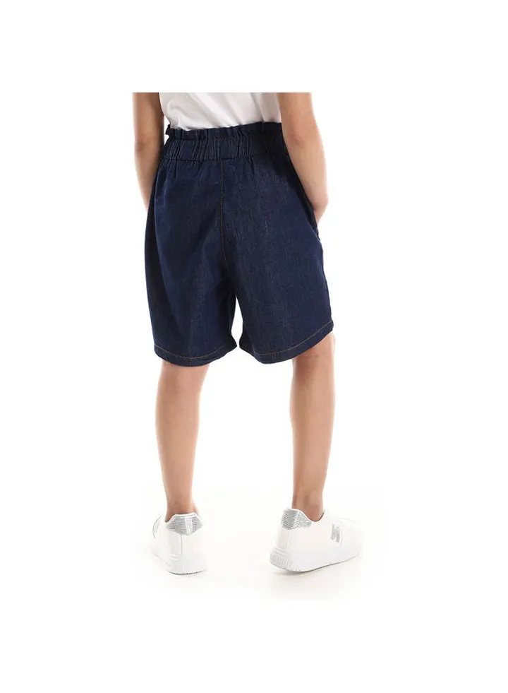 Dark Blue Girls Jeans Shorts With Ribbon