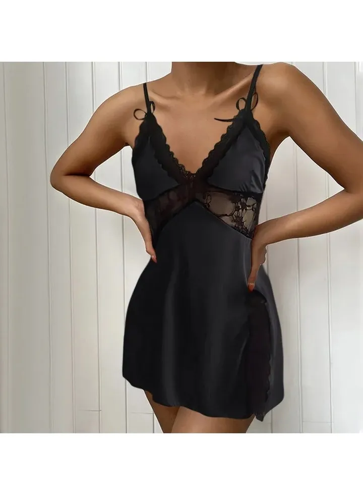 Ladies Soft Sling Nightdress Satin Hollow Lace Backless Romantic Pajamas