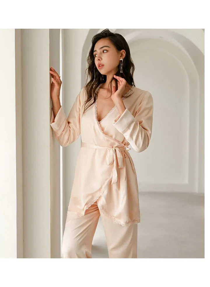 Nightgown Satin Sleep Tops Women Autumn Ice Silk Nightwear Dressing Gown Wedding Lace Summer Nightgown with Belt