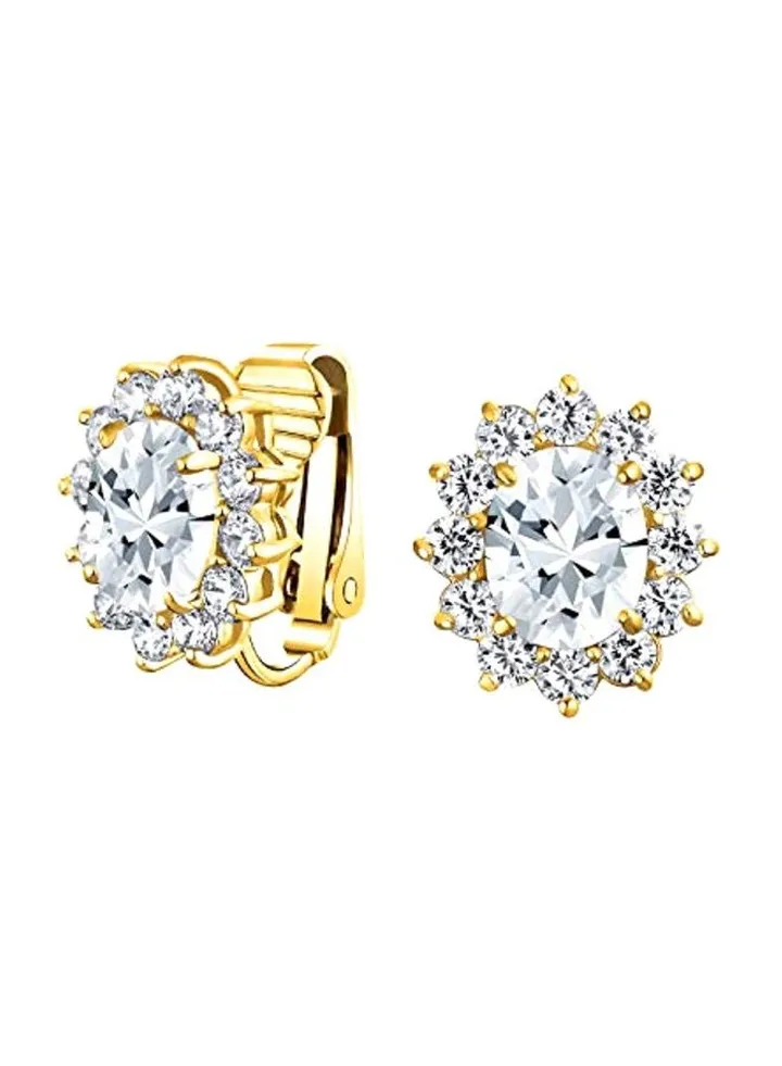 Gold Plated Brass Cubic Zirconia Studded Halo Crown Clip On Earrings