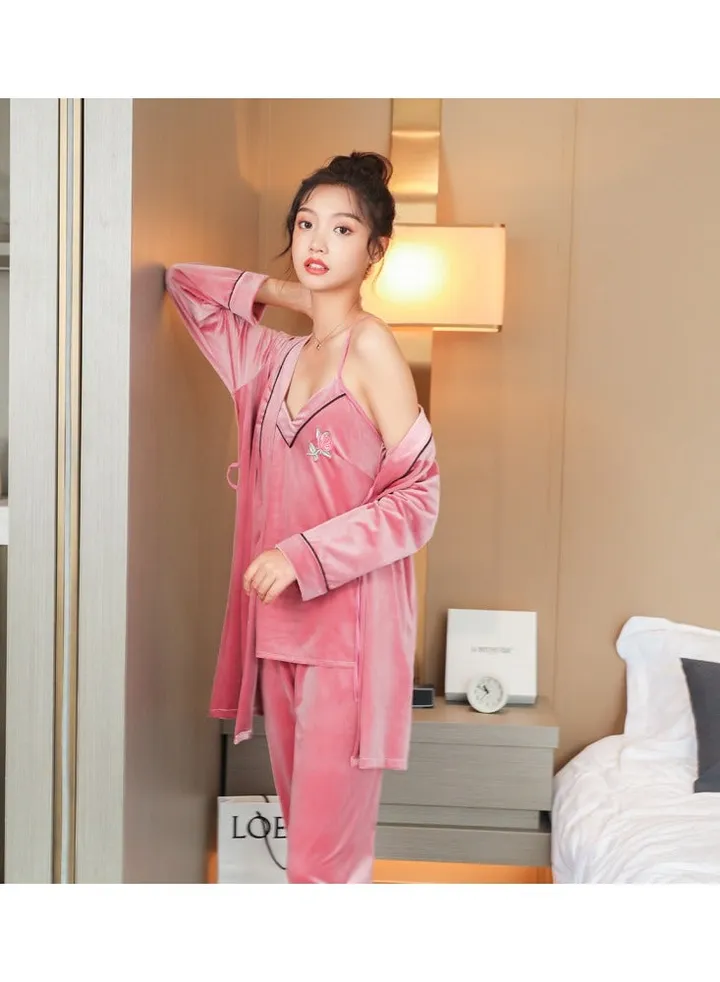 Autumn and winter women's pajamas three-piece set embroidered gold velvet pajamas long-sleeved women's winter home clothes
