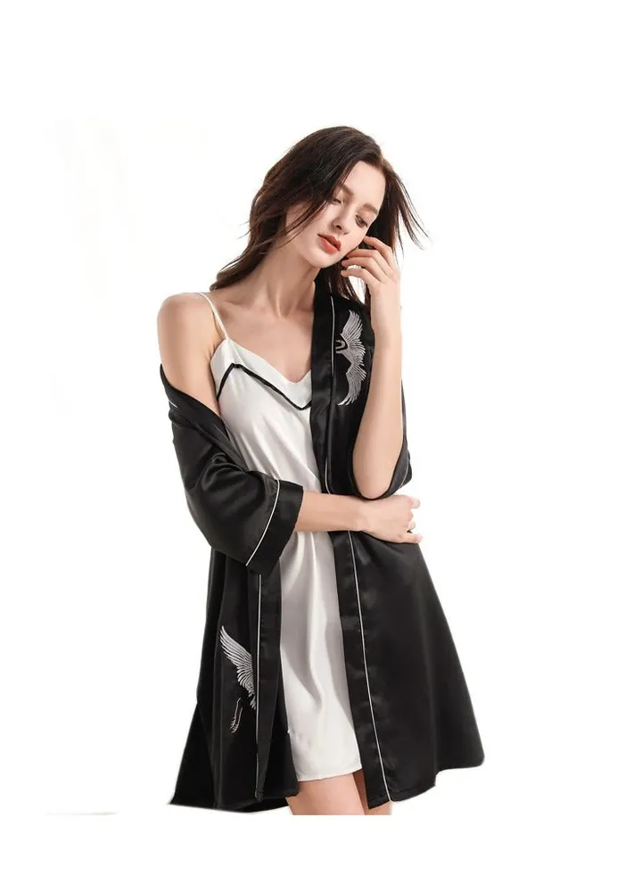Women's nightgown and summer embroidered one-piece loose thin silk pajamas