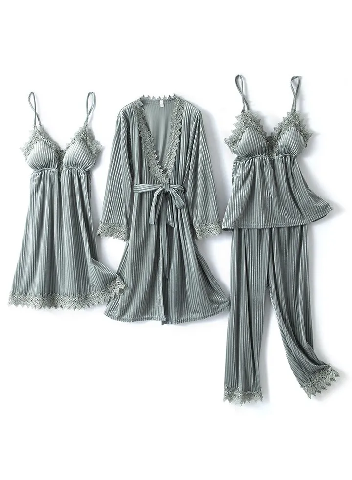 Women's Striped Gold Velvet Pajamas Four-Piece Set