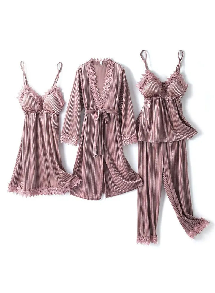 Women's Striped Gold Velvet Pajamas Four-Piece Set