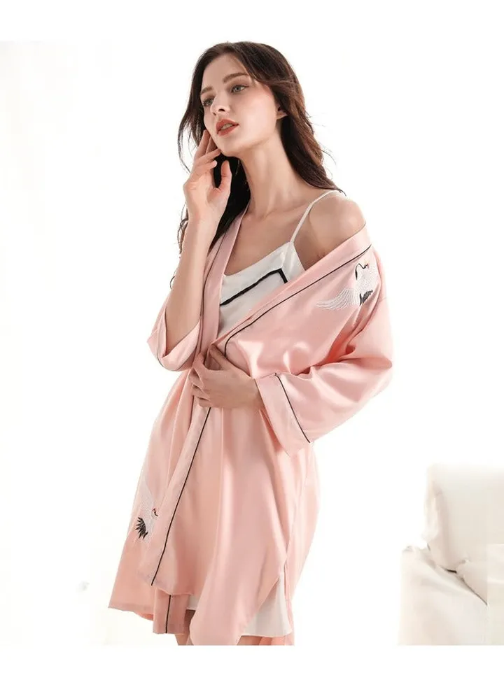 Women's nightgown and summer embroidered one-piece loose thin silk pajamas