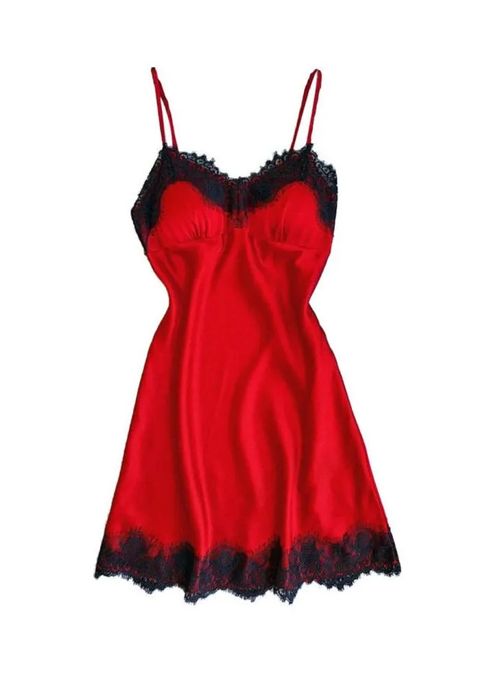 Silky Lace Patchwork Nightdress Red/Black