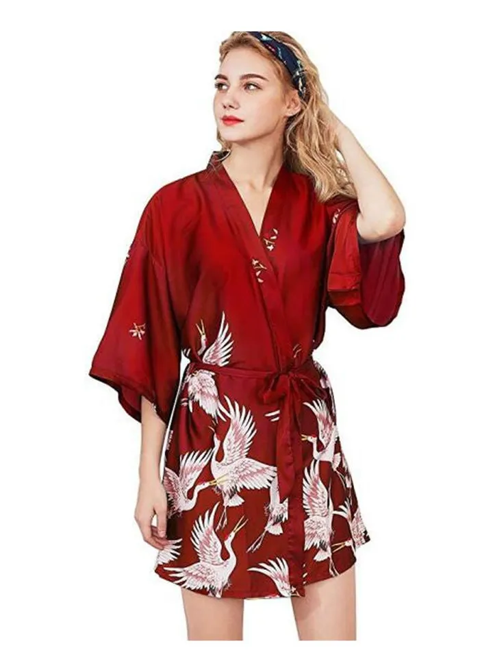 Women'S Summer Sleeve Silk Crane Leisure Robe Red