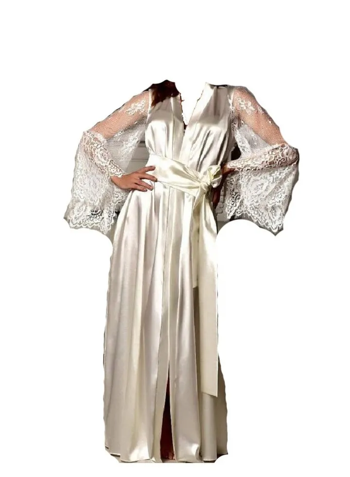 Satin Kimono Long Bridesmaid Wedding Bath Robe with Lace Trim.