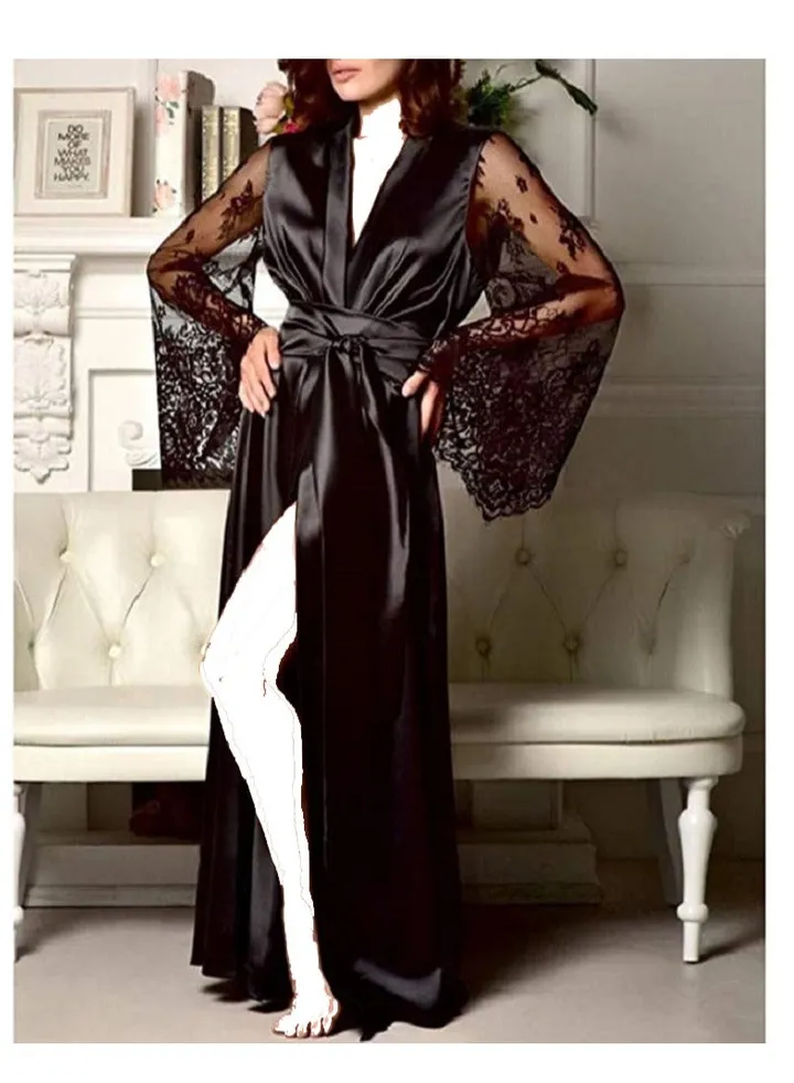Satin Kimono Long Bridesmaid Wedding Bath Robe with Lace Trim.
