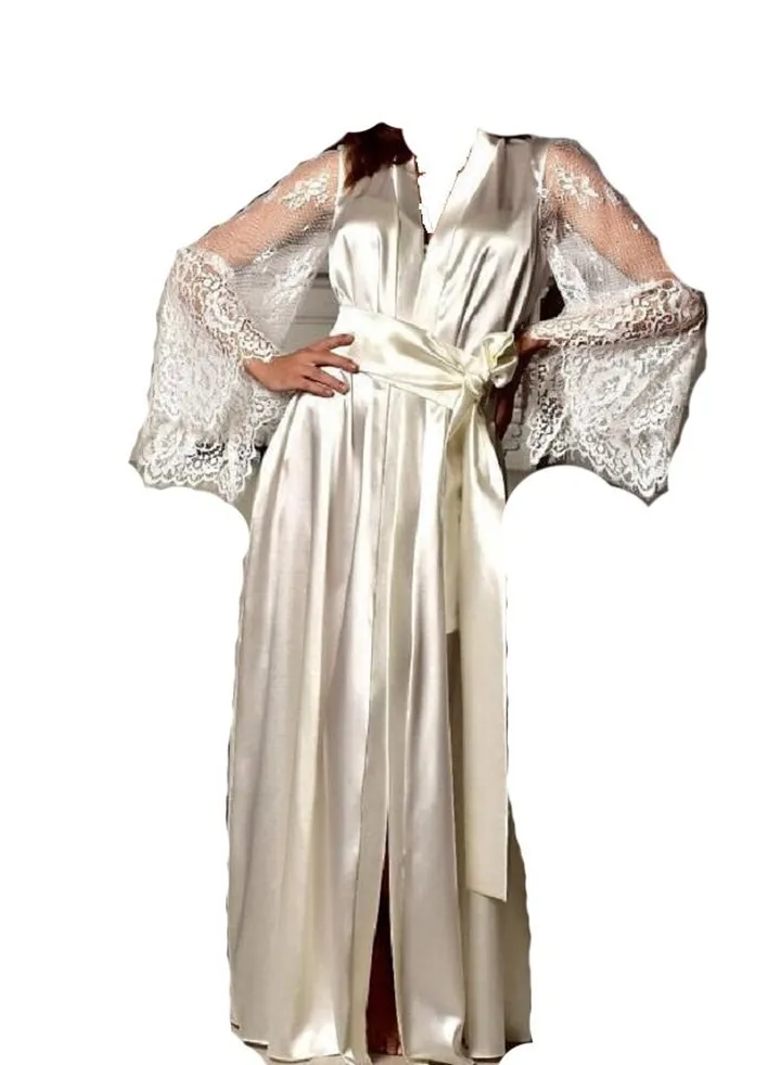 Women Lace Trim Long Sleeve Sleepwear Silk Kimono Lingerie Robe