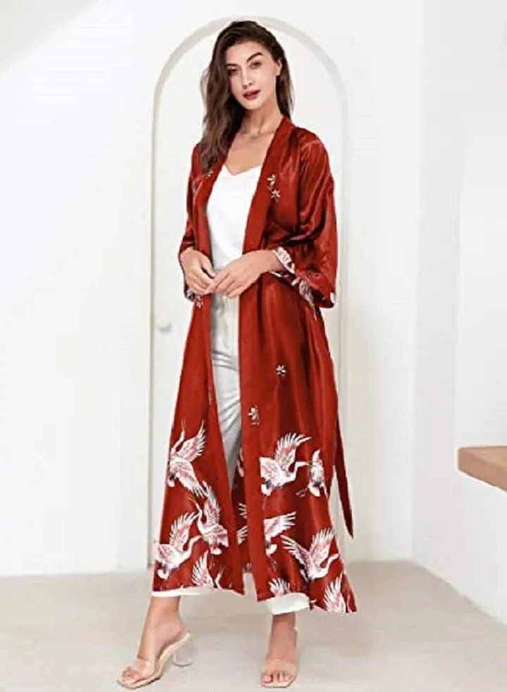 Women Kimono Robe Dressing Gown Crane and Blossoms Sleep Lounge Night Wear