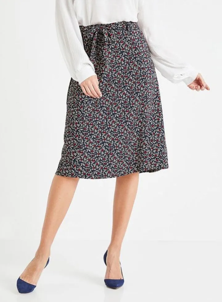 Floral Belted Skirt Navy