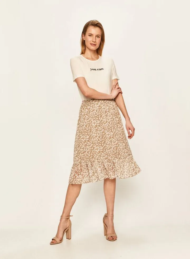 Leaf Printed Ruffle Skirt Beige
