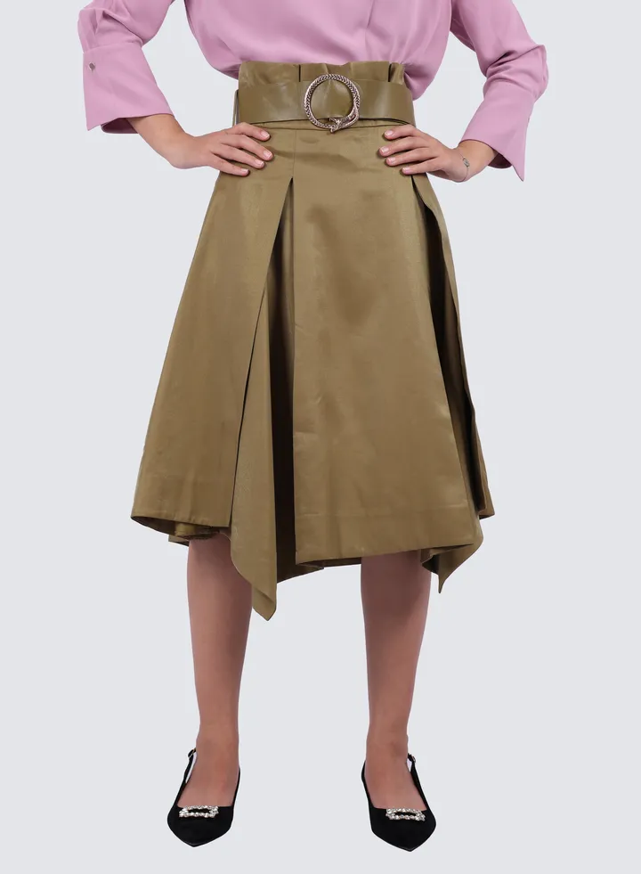 Women's Belted Midi Skirt in Brown Olive