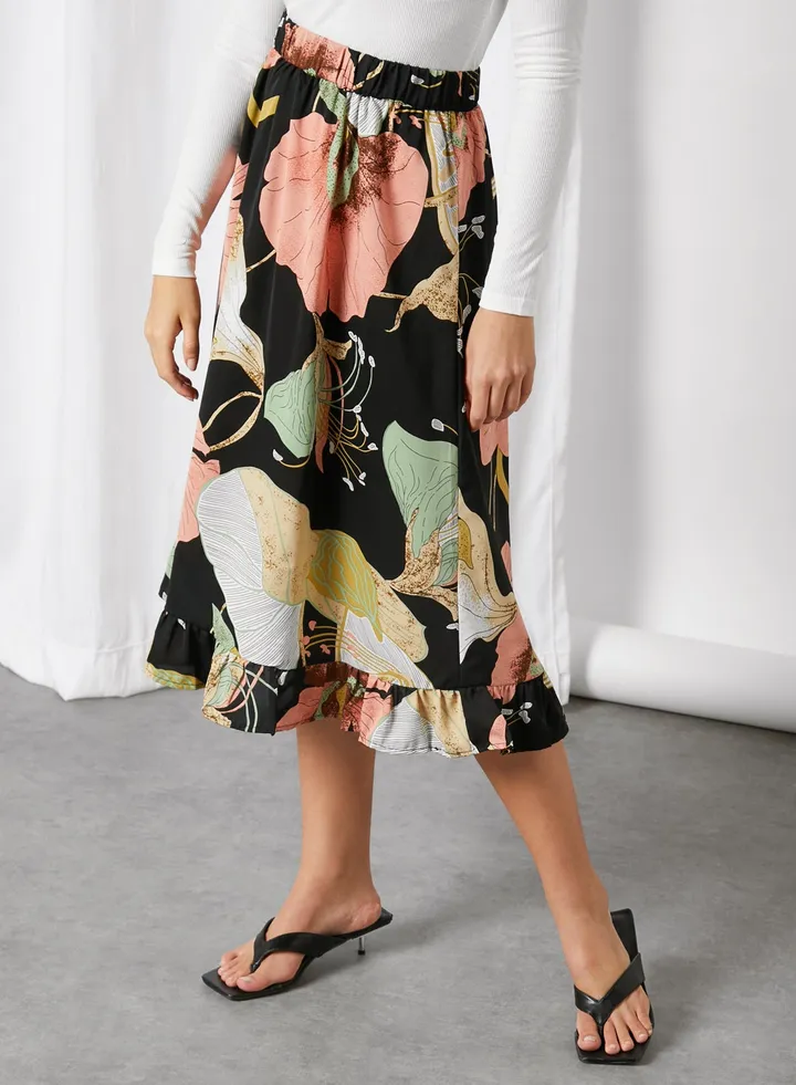 Floral Printed Midi Skirt Black