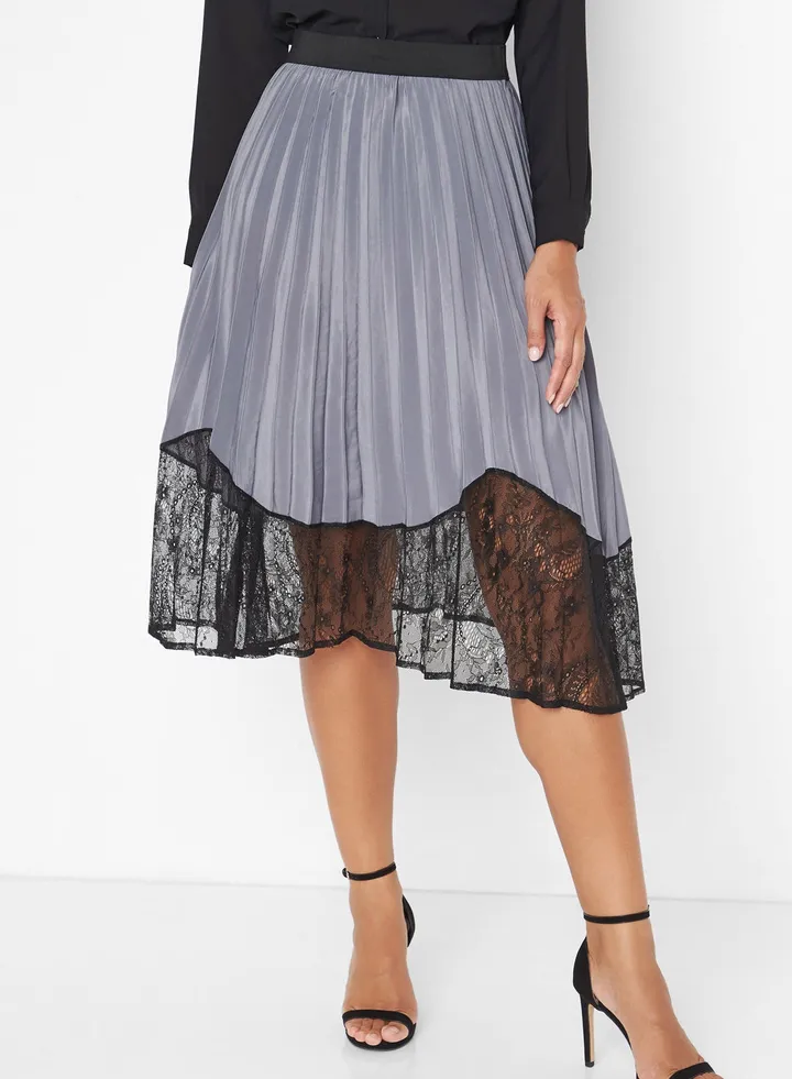 Accordion Pleat Lace Hem Skirt Grey