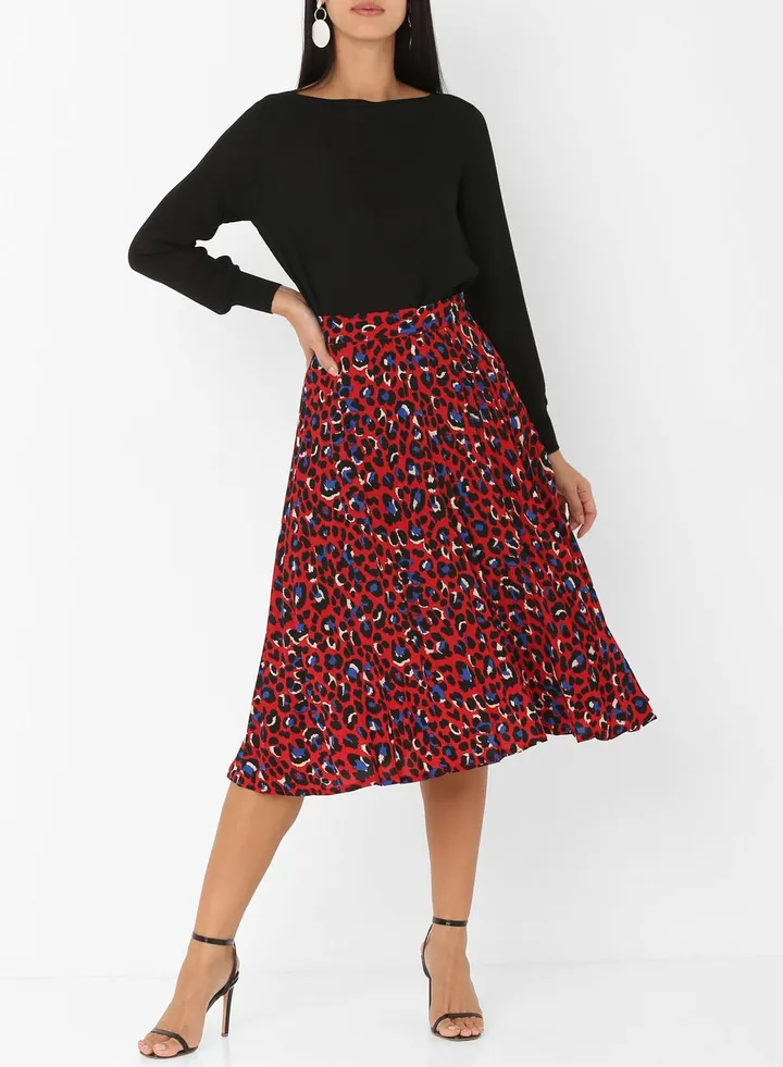 Animal Print Pleated Skirt Red