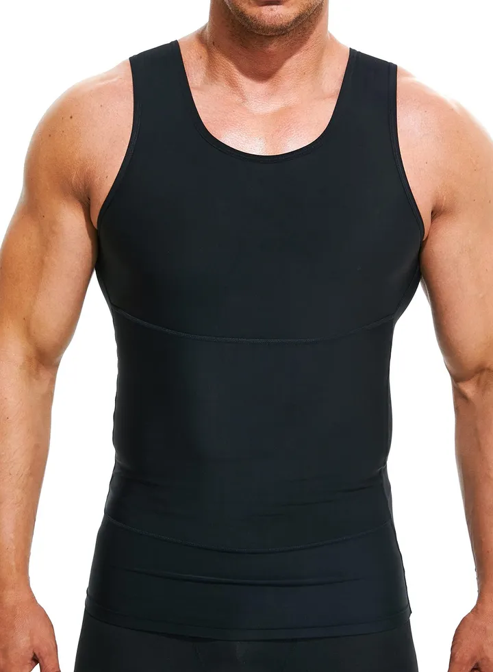 Men Compression Shirt Slimming Body Shaper Vest Tummy Control Shapewear Abdomen Undershirt, Black-XL