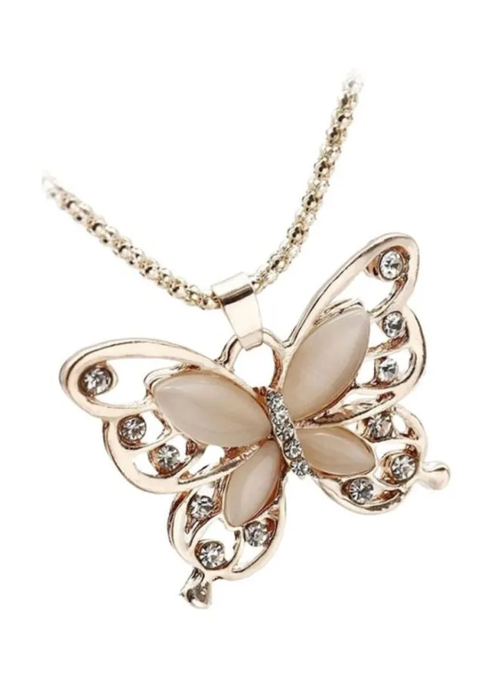 Opal Butterfly Long Chain Pendant Necklace