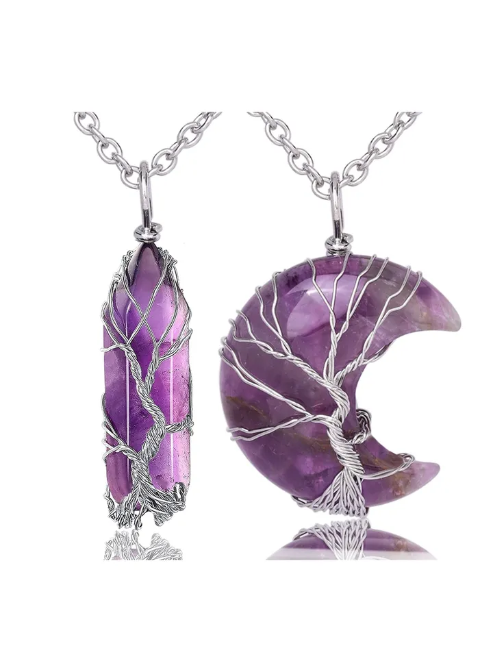 Amethyst Healing Crystal Stone Necklace Silver Wire Wrapped Crescent Moon Pendant Crystal Necklaces for Women Amethyst Jewellery Natural Quartz Crystal Reiki Gemstone Necklace