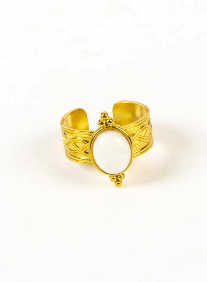 Stainless Steel Free Size Golden Ring with White Stone