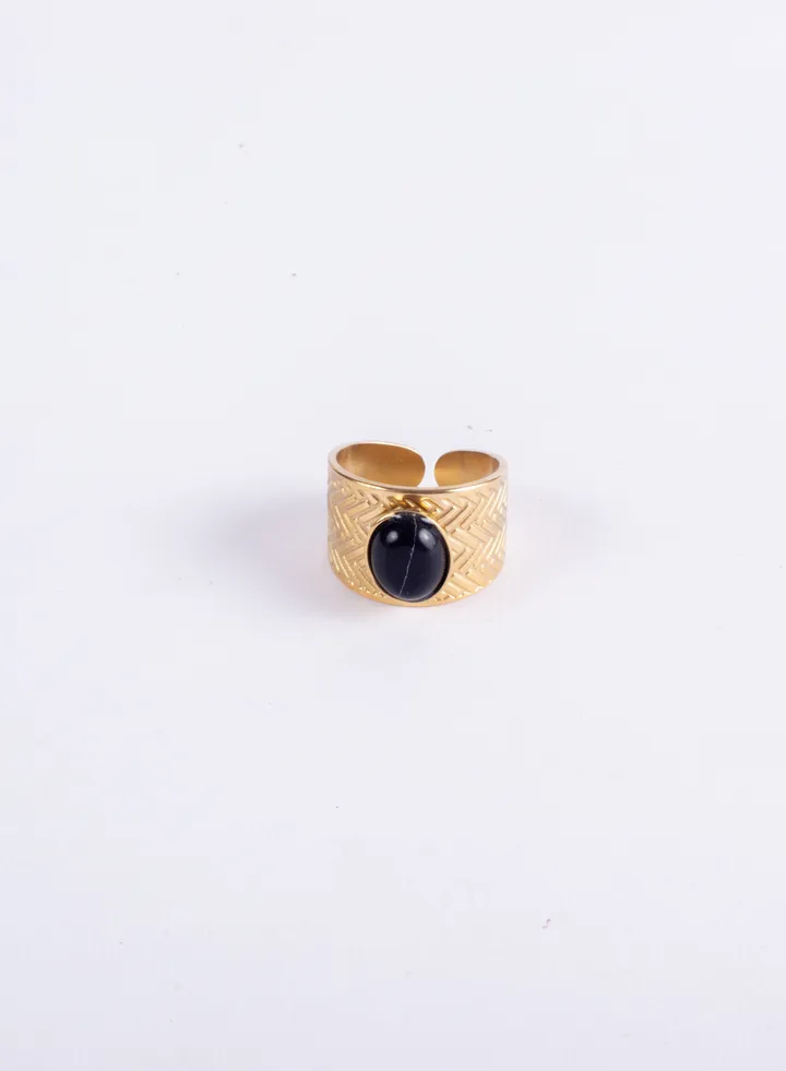 Stainless Steel Gold Ring With Black Stone Free Size