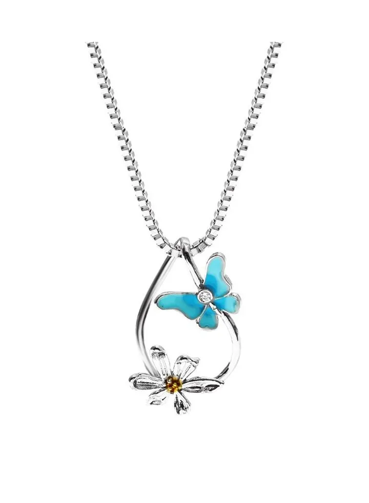 Simple Flower Blue Butterfly Necklace
