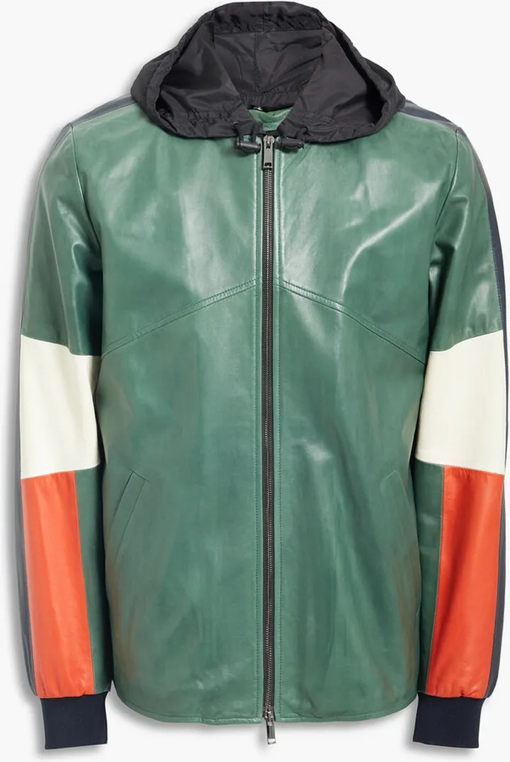Color-block leather hooded jacket